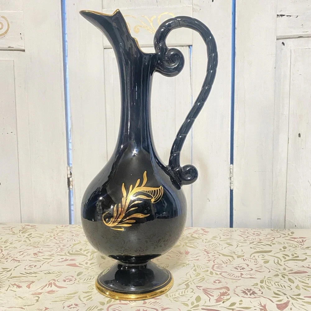 Elegant Hubert Bequet Hand Painted Black Gold Pitcher/Ewer/Vase Belgium Mid Cent